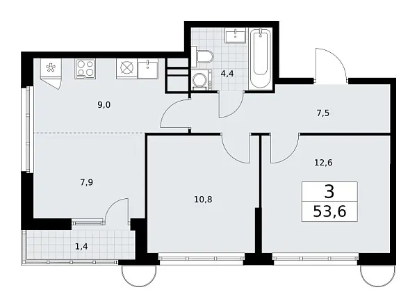 Новая 3-к квартира
 53.6 м² на 4/10 этаже в ЖК «Родные кварталы» в городе Тюмень 