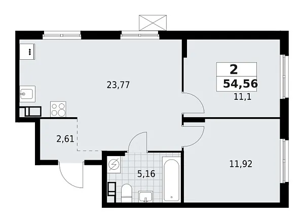 Новая 2-к квартира
 54.56 м² на 3/9 этаже в ЖК «А101 Лаголово» в городе Тюмень 