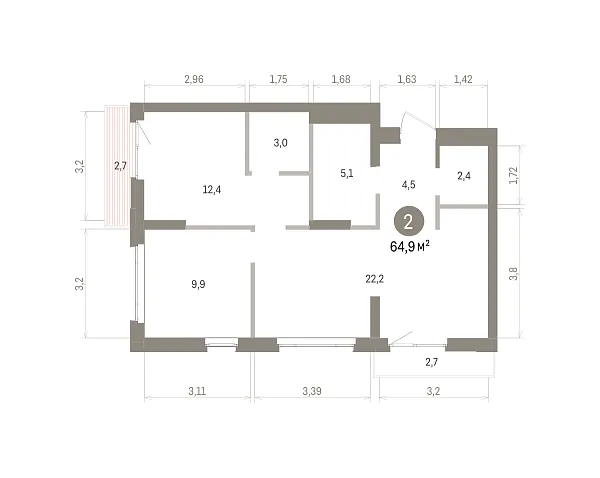 Количество комнат: 2,  64.9 кв.м.