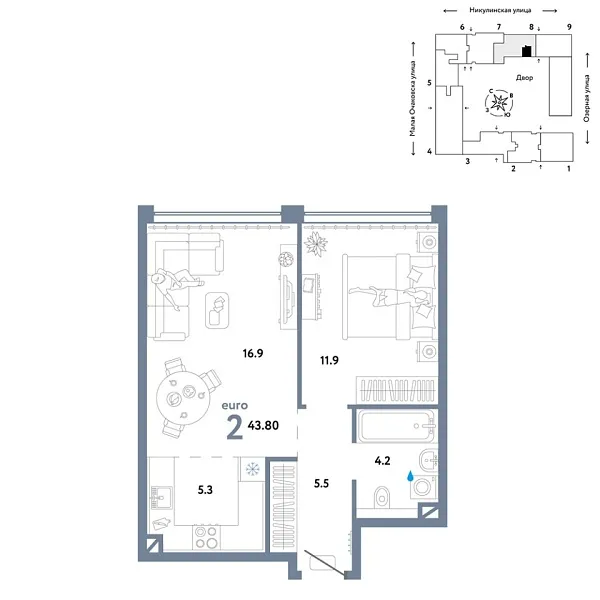 Новая 2-к квартира
 43.8 м² на 9/30 этаже в ЖК «Страна.Озёрная» в городе Тюмень 