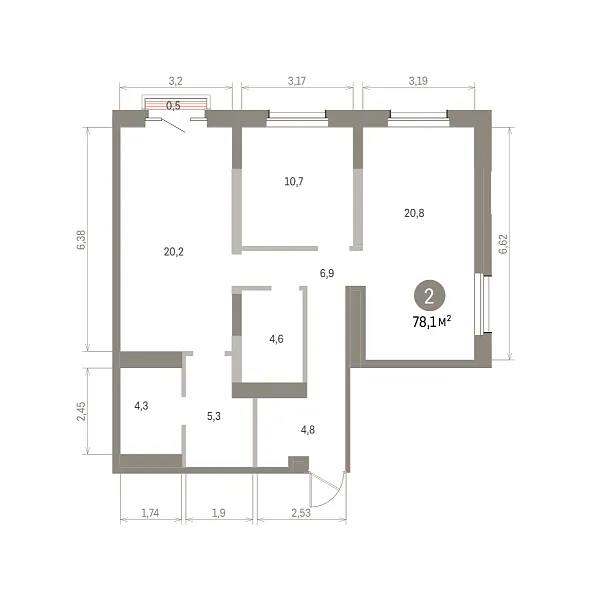 Количество комнат: 2,  78.1 кв.м.