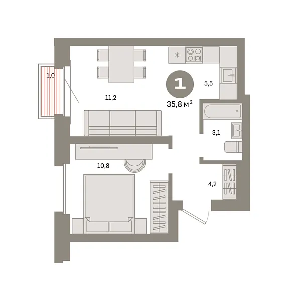 Новая 1-к квартира
 35.8 м² на 13/31 этаже в ЖК «Квартал «Метроном»» в городе Тюмень 