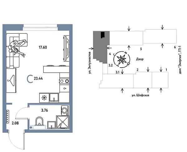 Новая квартира-студия
 23.44 м² на 23/24 этаже в ЖК «Страна.Энтузиастов» в городе Тюмень 