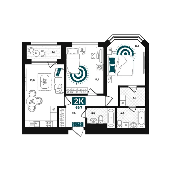 Новая 2-к квартира
 69.7 м² на 6/23 этаже в ЖК «Добро» в городе Тюмень 