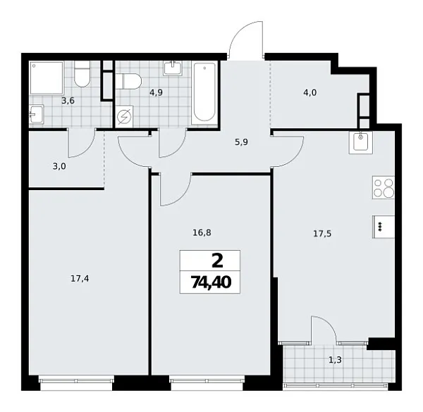 Новая 2-к квартира
 74.4 м² на 14/16 этаже в ЖК «Дом на Зорге» в городе Тюмень 