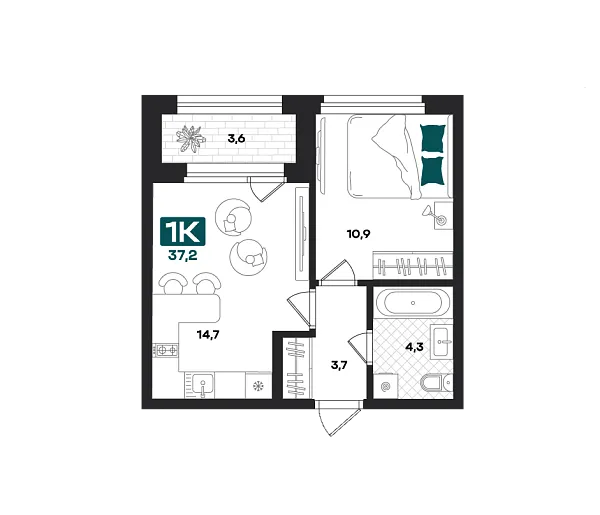 Новая 1-к квартира
 37.2 м² на 18/23 этаже в ЖК «Добро» в городе Тюмень 
