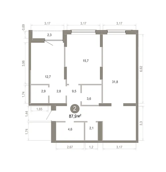 Количество комнат: 2,  87.86 кв.м.