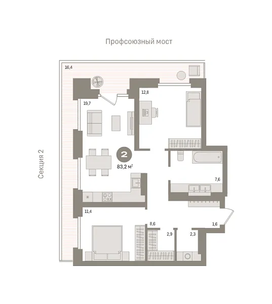Новая 2-к квартира
 83.2 м² на 4/9 этаже в ЖК «Речной порт» в городе Тюмень 