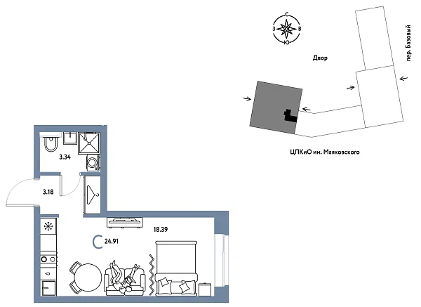 Новая квартира-студия
 24.91 м² на 2/25 этаже в ЖК «Сибирский сад» в городе Тюмень 