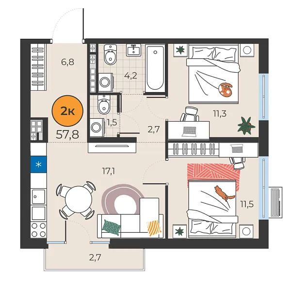 Новая 2-к квартира
 55.1 м² на 7/25 этаже в ЖК «Корней» в городе Тюмень 