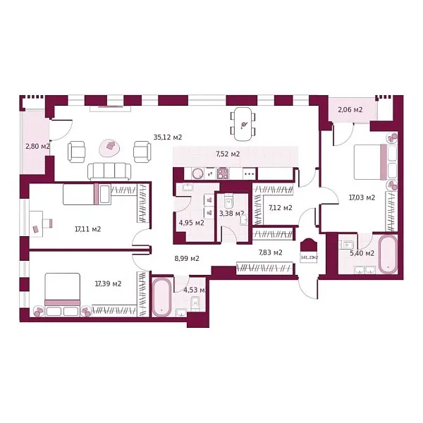 Новая 3-к квартира
 141.23 м² на 3/6 этаже в ЖК «Secret Place» в городе Тюмень 