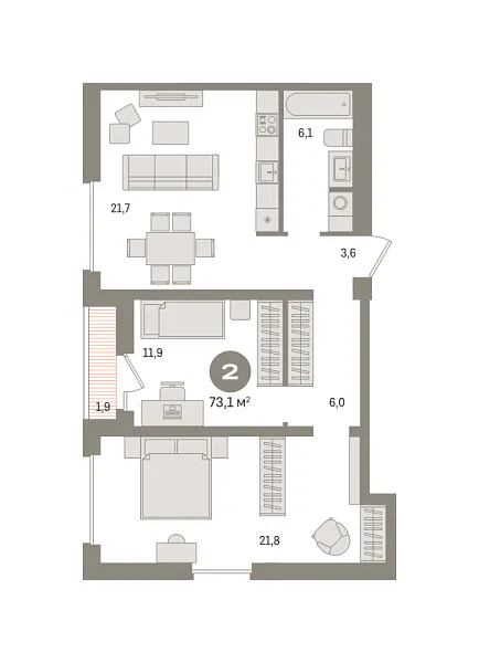 Новая 2-к квартира
 73.08 м² на 14/17 этаже в ЖК «Новин» в городе Тюмень 