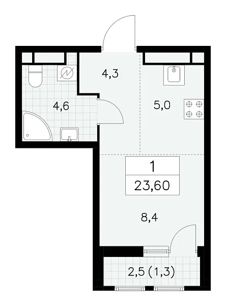Новая 1-к квартира
 23.6 м² на 13/30 этаже в ЖК «Южные сады» в городе Тюмень 