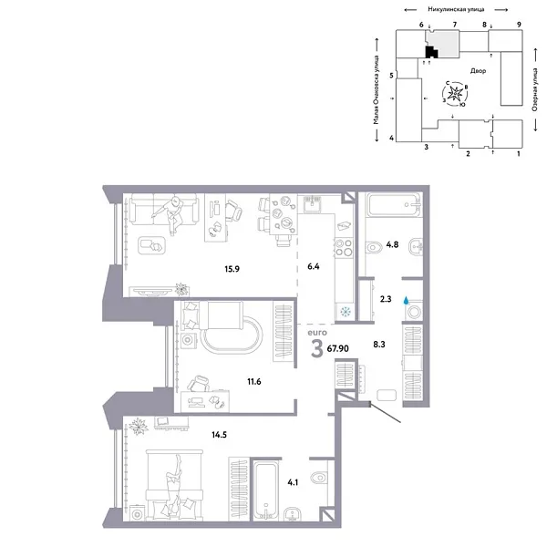Новая 3-к квартира
 67.9 м² на 27/30 этаже в ЖК «Страна.Озёрная» в городе Тюмень 