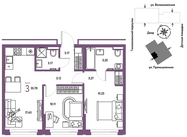 Новая 3-к квартира
 55.7 м² на 17/20 этаже в ЖК «Страна.Прибрежная» в городе Тюмень 