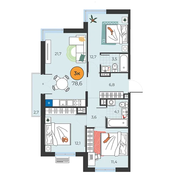 Новая 3-к квартира
 75.9 м² на 4/25 этаже в ЖК «Корней» в городе Тюмень 