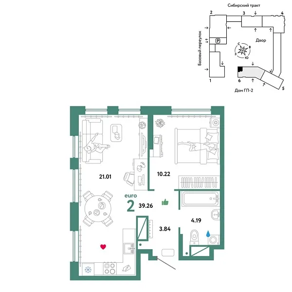 Новая 2-к квартира
 39.26 м² на 14/32 этаже в ЖК «Сибирский сад» в городе Тюмень 