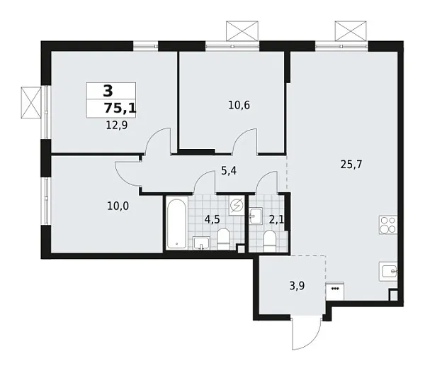 Новая 3-к квартира
 75.1 м² на 2/12 этаже в ЖК «А101 Всеволожск» в городе Тюмень 