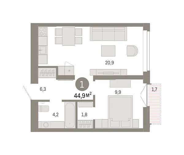 Новая 1-к квартира
 44.87 м² на 7/7 этаже в ЖК «Республики 205» в городе Тюмень 