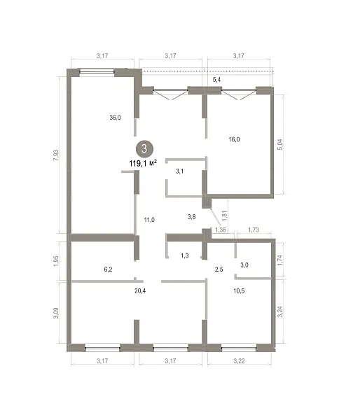 Количество комнат: 3,  119.09 кв.м.