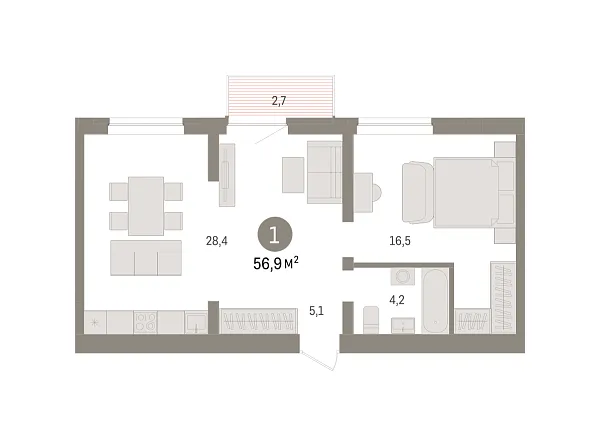 Новая 1-к квартира
 57 м² на 8/10 этаже в ЖК «Речной порт» в городе Тюмень 