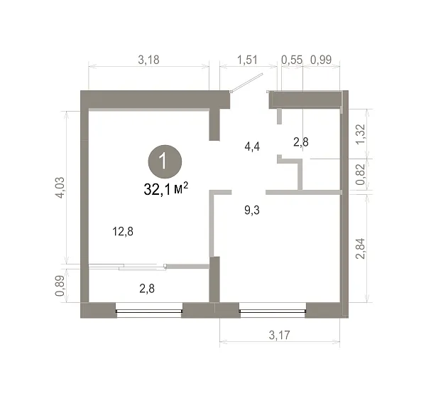 Количество комнат: 1,  32.07 кв.м.