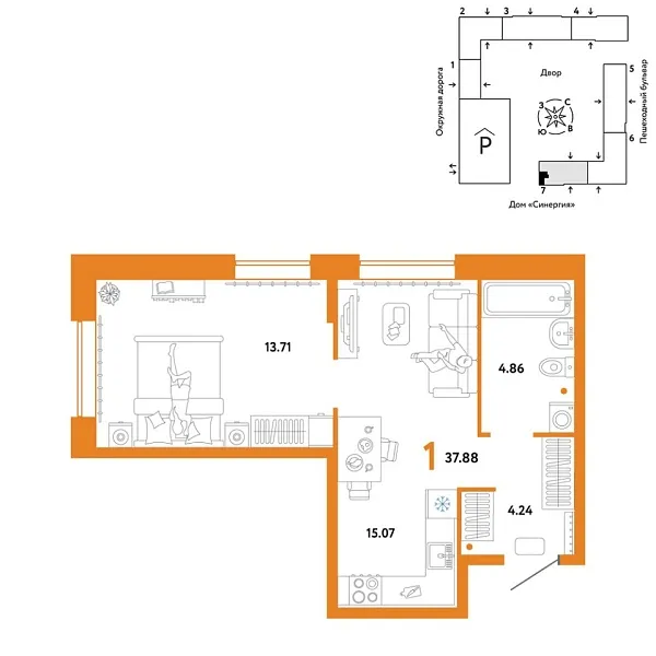 Новая 1-к квартира
 37.88 м² на 2/16 этаже в ЖК «Юнион» в городе Тюмень 