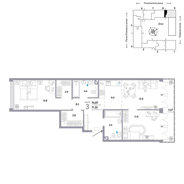 Новая 3-к квартира
 76.87 м² на 8/30 этаже в ЖК «Страна.Озёрная» в городе Тюмень 