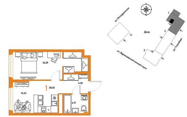 Новая 1-к квартира
 38.05 м² на 9/9 этаже в ЖК «Страна.Тополёвая» в городе Тюмень 
