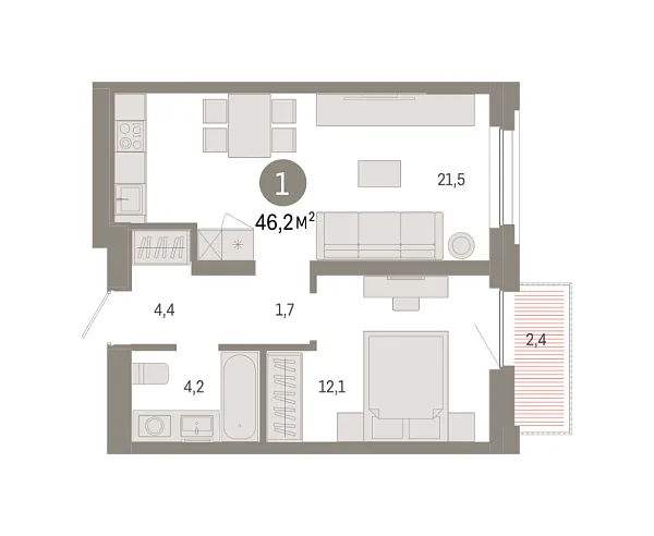 Новая 1-к квартира
 46.19 м² на 4/9 этаже в ЖК «Зарека» в городе Тюмень 