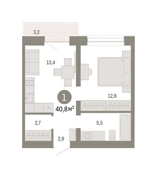 Новая 1-к квартира
 40.78 м² на 6/9 этаже в ЖК «Речной порт» в городе Тюмень 