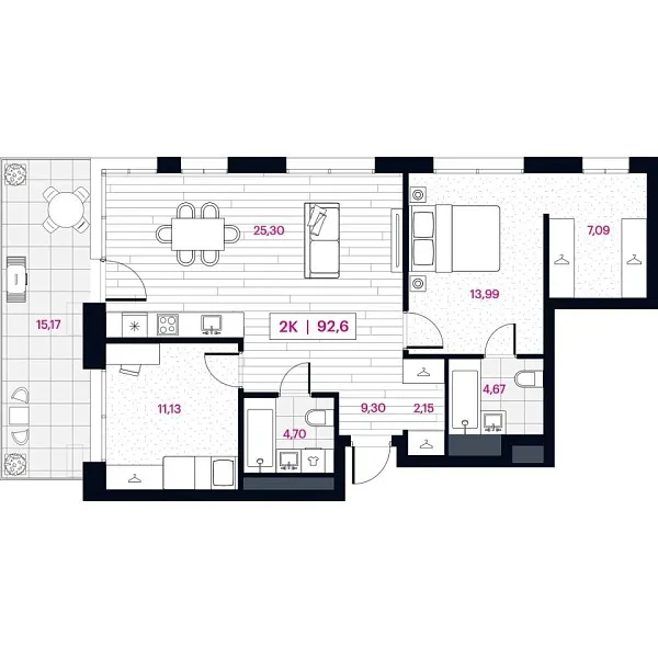 Новая 2-к квартира
 92.6 м² на 2/16 этаже в ЖК «Пушкина» в городе Тюмень 