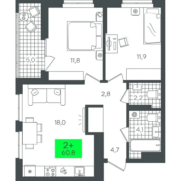 Новая 2-к квартира
 60.89 м² на 15/22 этаже в ЖК «Гранд Квартал» в городе Тюмень 