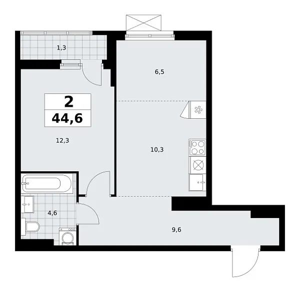 Новая 2-к квартира
 44.6 м² на 10/13 этаже в ЖК «Дзен-кварталы» в городе Тюмень 