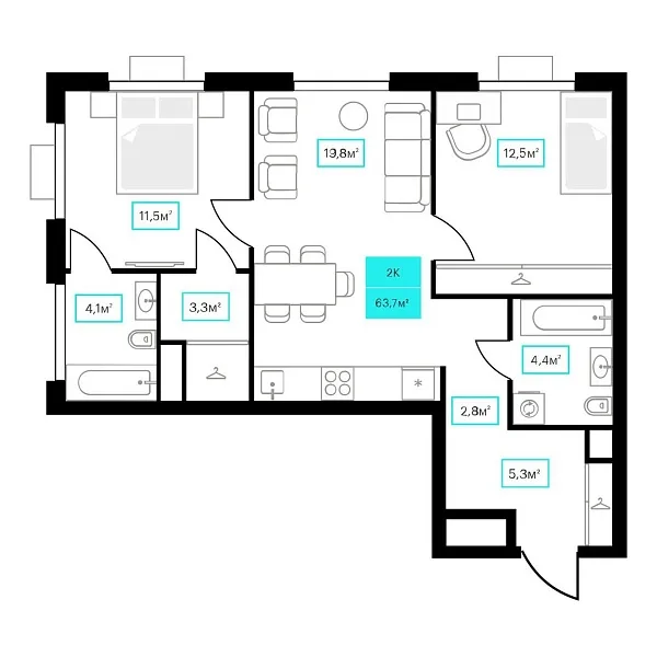 Количество комнат: 2,  63.7 кв.м.