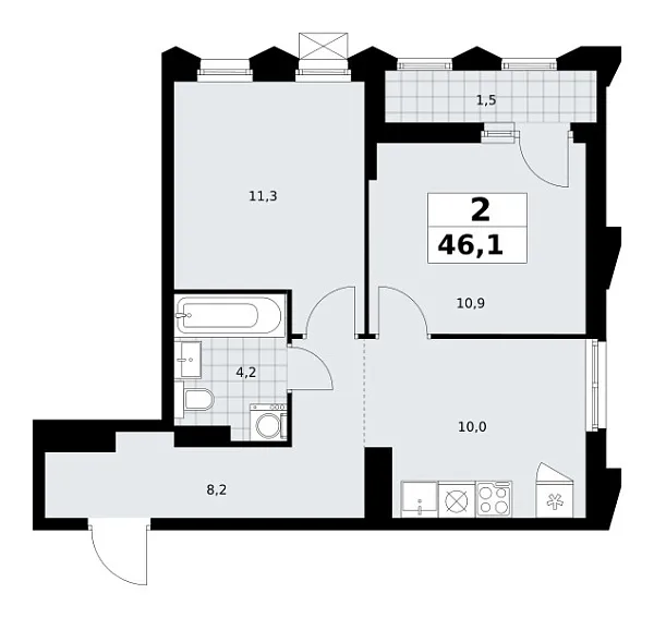 Новая 2-к квартира
 46.1 м² на 11/16 этаже в ЖК «Деснаречье» в городе Тюмень 