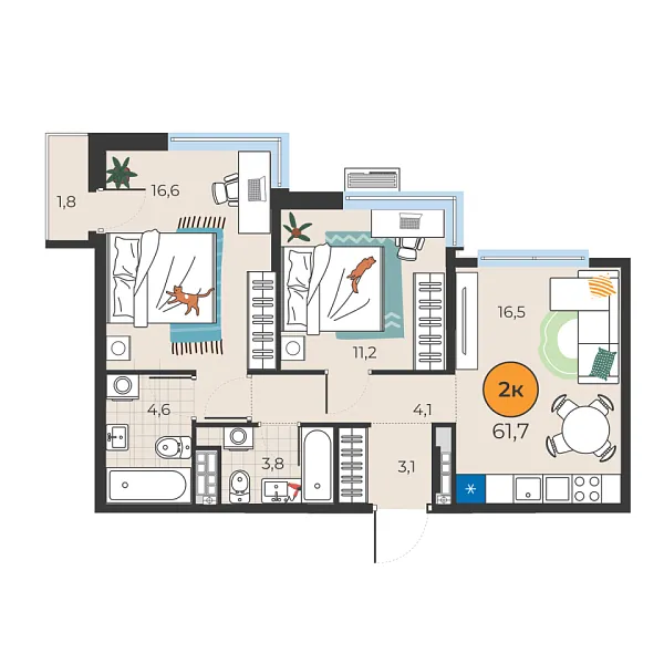 Новая 2-к квартира
 59.9 м² на 7/25 этаже в ЖК «Корней» в городе Тюмень 