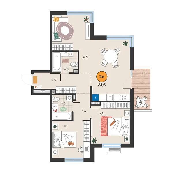 Новая 2-к квартира
 76.3 м² на 1/25 этаже в ЖК «Корней» в городе Тюмень 