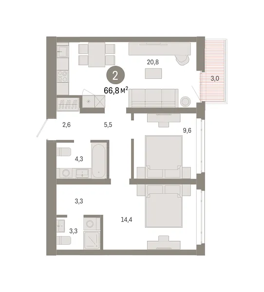 Новая 2-к квартира
 66.8 м² на 7/8 этаже в ЖК «Республики 205» в городе Тюмень 