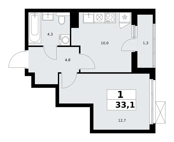 Новая 1-к квартира
 33.1 м² на 9/19 этаже в ЖК «Бунинские кварталы» в городе Тюмень 
