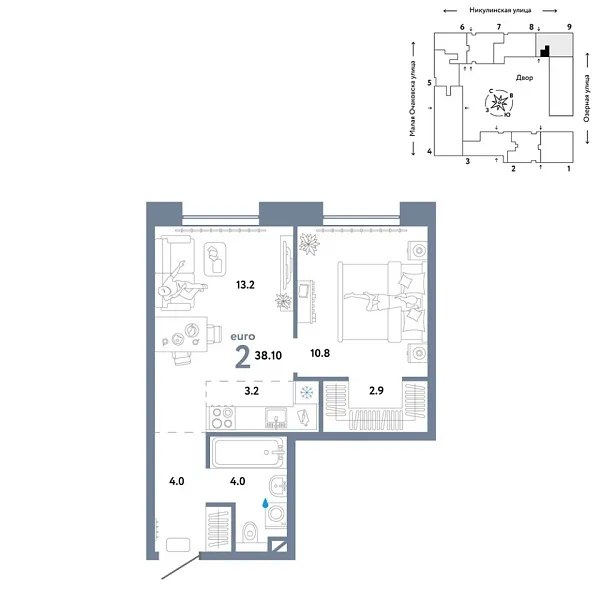 Новая 2-к квартира
 38.1 м² на 7/30 этаже в ЖК «Страна.Озёрная» в городе Тюмень 
