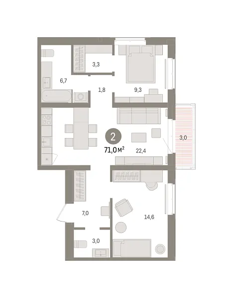 Новая 2-к квартира
 71.02 м² на 4/8 этаже в ЖК «Кварталы «На Минской»» в городе Тюмень 