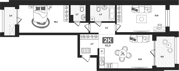 Новая 2-к квартира
 82.7 м² на 10/23 этаже в ЖК «Маэстро» в городе Тюмень 