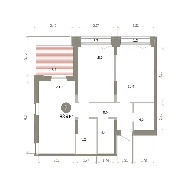 Количество комнат: 2,  83.89 кв.м.
