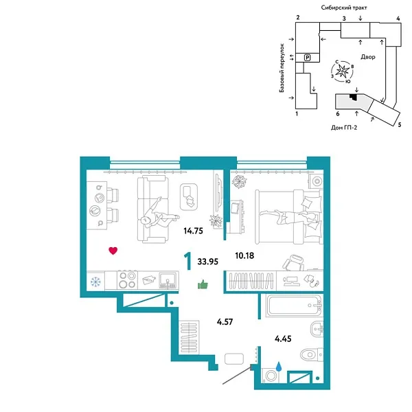 Новая 1-к квартира
 33.95 м² на 10/32 этаже в ЖК «Сибирский сад» в городе Тюмень 