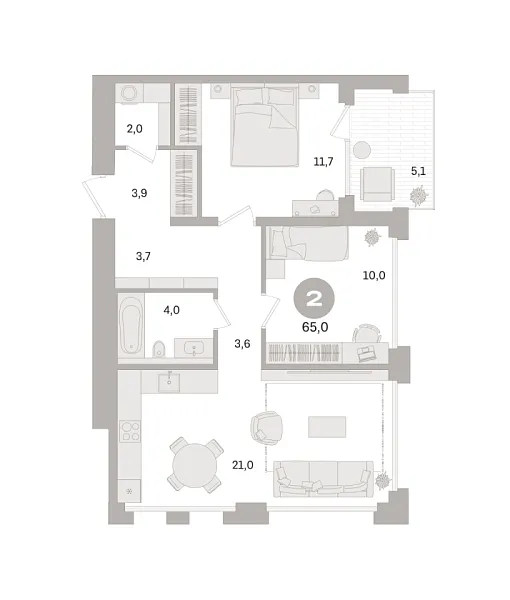 Новая 2-к квартира
 65 м² на 4/8 этаже в ЖК «Дом «А»» в городе Тюмень 