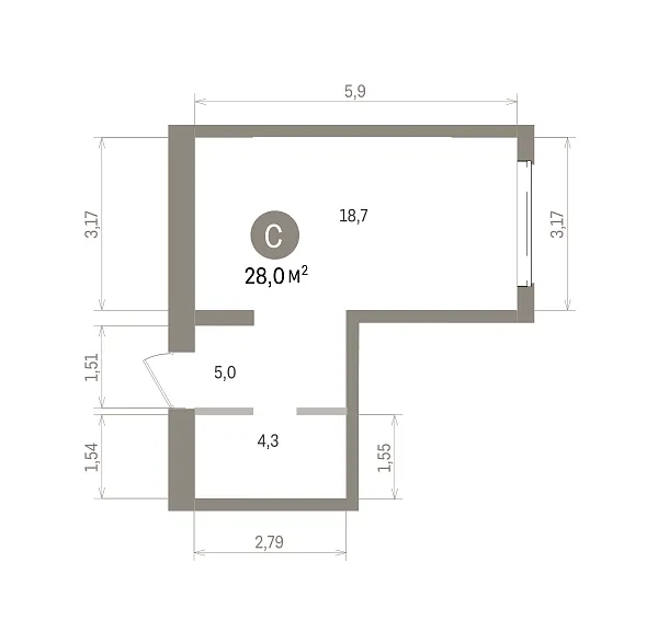 Количество комнат: Студия,  28 кв.м.