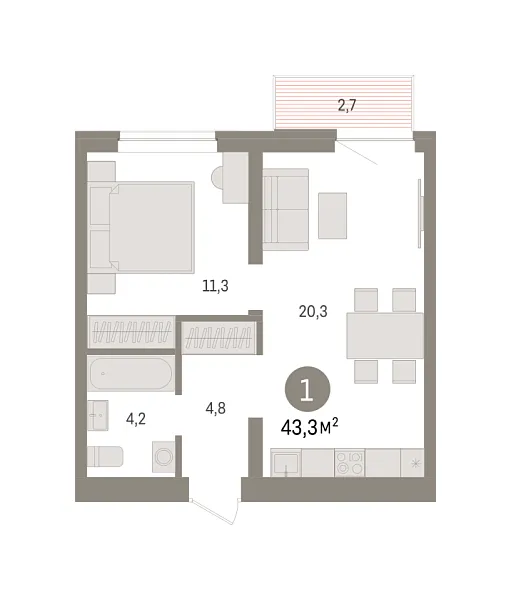 Новая 1-к квартира
 43.3 м² на 7/10 этаже в ЖК «Речной порт» в городе Тюмень 