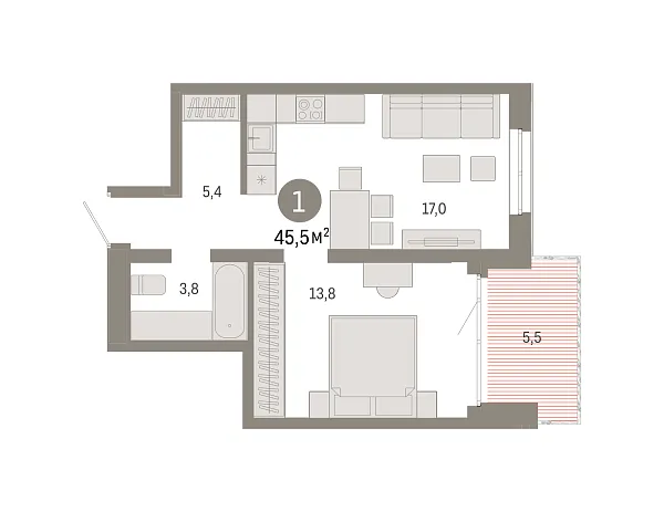 Новая 1-к квартира
 45.5 м² на 3/17 этаже в ЖК «Южные кварталы» в городе Тюмень 