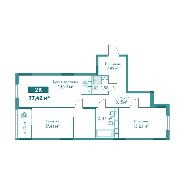 Новая 2-к квартира
 77.42 м² на 7/10 этаже в ЖК «Акватория» в городе Тюмень 